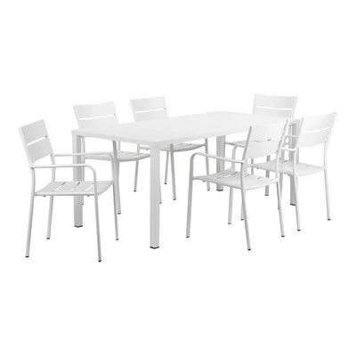 Juego de comedor de patio moderno con marco de aluminio Pemberly Row de 7 piezas en blanco Foto 1 de 4