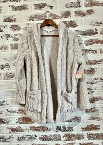 Annaliese Strickjacke Pullover Teddy flauschig Shacket vorne offen Kapuze haferflocken Gr. S - Bild 1 von 10