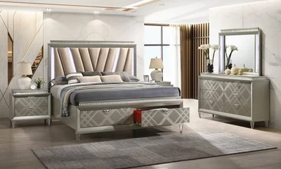NEW Queen King LED 4PC Champagne Gold Modern Contemporary Bedroom Set Bed/D/M/N - Image 1 of 4