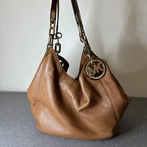 Michael Kors Women Fulton Brown Shoulder Handbag Pebbled Leather MK Emblem - Picture 1 of 12