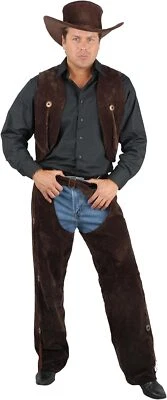 Cowboy Western Chaps & Vest Brown Suede Fancy Dress Up Halloween Adult Costume - Image 1 of 2