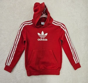 Adidas Girls Sweatshirt Small Red Stripe Cotton Blend Hooded Casual Pullover Fit - Picture 1 of 20