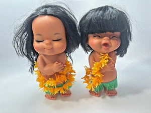 Pair Set VTG 1960’s Sun Bunny Doll Hula Girl Boy Rubber Grass Skirt Tiki Decor 2 - Picture 1 of 10