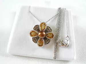 BROWN SUGAR-  Gold Pearl Solitaire, Citrine & Choc. Diamonds  Silver Necklace - Bild 1 von 7