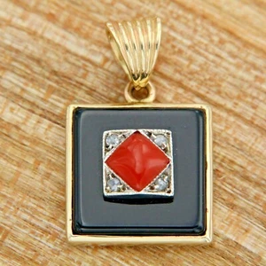 14 k ct Solid Yellow GOLD Natural Red CORAL Black ONYX and DIAMOND Pendant Charm - Picture 1 of 5