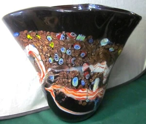 Vintage Murano Handkerchief Vase Black Amethyst. Italy. Gold inlays. EUC - Imagen 1 de 6
