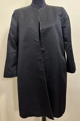 Abrigo Myong Lim para mujer personalizado de alta costura negro satinado frente abierto talla M Foto 1 de 4