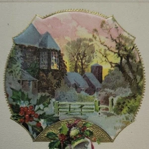 Postal de un deseo de Navidad campanas doradas en relieve acebo escena de invierno sin publicar - Imagen 1 de 3