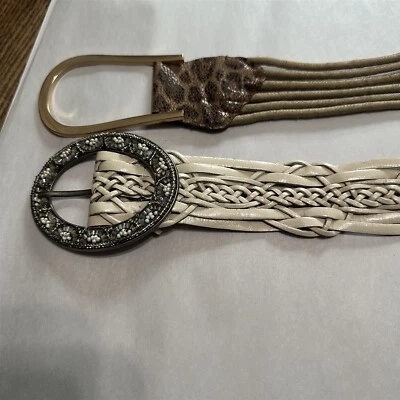 Womens Belts Set of 2 Leather Braided Nine West Beaded Buckle and Animal Print - Image 1 of 4