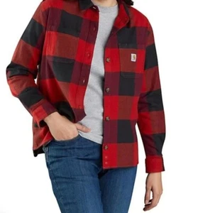 Carhartt Women's XL Rugged Flex Loose Fit Red Black Plaid Flannel Shirt NEW - Picture 1 of 4
