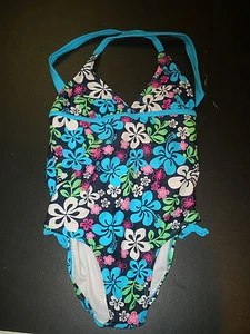 Arizona one piece bathing swim suit girls size 14 blue with flowers - Picture 1 of 3