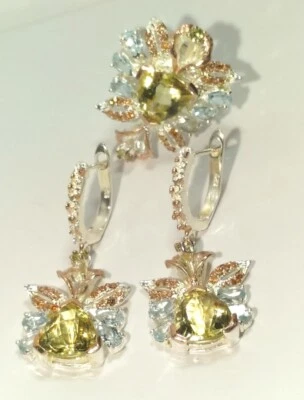 Hermosos Cuartos de Limón, Topacio Azul Irradiado Pendientes y Anillo Conjunto 925 Esterlina  Foto 1 de 4