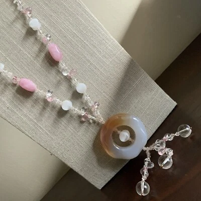 Cristal y Piedra Rosa Ágata Círculo Colgante Piedra Cuentas Collar  Foto 1 de 4