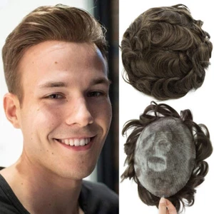 Herren Echthaar Toupet Männer V-LOOP FULL PU Skin Haarteil Herrenperücke Toupee - Bild 1 von 34