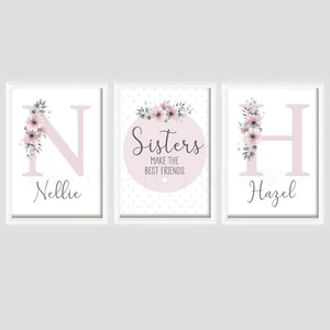Girls Floral Spot Personalised Sister PRINTS ONLY A4 Shared Room Pink Girly - Picture 1 of 2