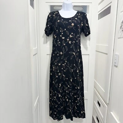 Vtg Casual Studio Maxi Dress 90s Crinkle Black Tan Floral Boho Teacher - Image 1 of 4