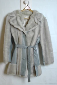Vintage Mink & Grey Leather Coat, sz 14, Belted, Buttons, by Hillmoot Royal Mink - Picture 1 of 12