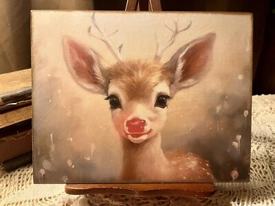 Rudolph Red Nosed Reindeer,  Baby Deer, Christmas, Handcrafted Canvas Sign - Image 1 of 3