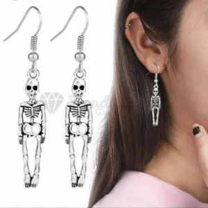 Sterling Silver Gothic Vintage Hollow Skull Antique Skeleton Women Drop Earrings - Picture 1 of 12
