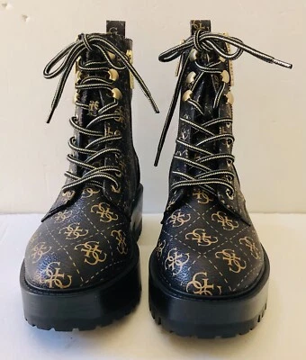 Botas Guess Mujer 6M Negro Dorado Plataforma Ferina Imitación Cuero Combate Con Cordones Cremallera Foto 1 de 4