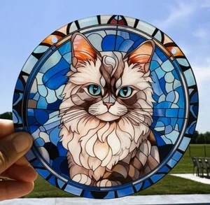 New Suncatcher White Cat 6" Round Combined Shipping Gift - Picture 1 of 3