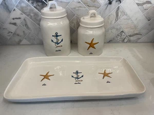Rae Dunn SELTENE weiße Seestern & Anker Kanister + Platte Maritim Keramik SET - Bild 1 von 3
