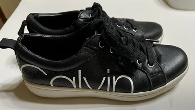 Calvin Klein Women’s Sneakers Leather with Printed Logo Size 6 Black White - Image 1 of 4