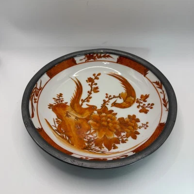 Plato decorativo vintage pintado a mano Hong Kong pájaro floral naranja borde de peltre Foto 1 de 4