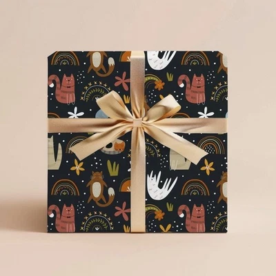 Cats Wrapping Paper, Floral Animal Gift Wrap for Kids Birthday or Party Roll - Image 1 of 4