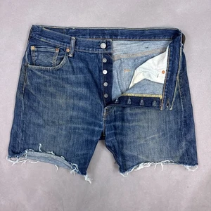Levis 501 Cut Offs Men 36 Blue Denim Shorts Jort Frayed Faded Button Fly (Tag38) - Picture 1 of 15