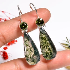 Moos Achat & Peridot Edelstein Handmade Jewelry.925 Silber Ohrringe 1.9 " JK _ - Bild 1 von 6