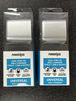 2 PowerXcel Dual Port PD USB Type-C + USB-A Output Universal Wall Charger Silver Foto 1 de 4