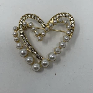 Women's Gold Heart Shape Brooch Pearl Rhinestone Pin Elegant Fashion Jewelry - Picture 1 of 5