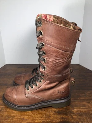 Dr Doc Martens Women's Size 7 Triumph Brown Waxed Rose Flower Lined Boots 12 Eye - Image 1 of 4