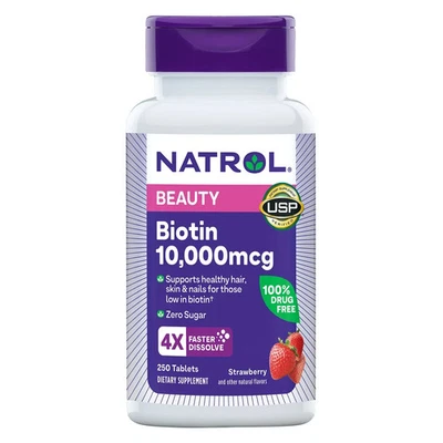 NATROL BIOTINA BELLEZA SABOR FRESA 10000 mcg 250 comprimidos SUPLEMENTO DIETÉTICO Foto 1 de 3