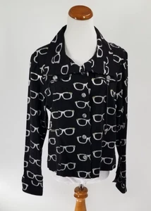 Berek Gr. L große Leinen Strass Knopf Nieten Brille Print Jacke schwarz - Bild 1 von 6