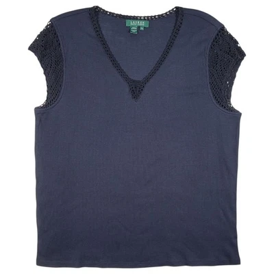 LRL Ralph Lauren Top Womens 2X Black Cotton Knit Crochet Cap Sleeve V Neck Shirt - Image 1 of 4