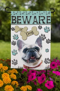 Beware of Dog Garden Flag French Bulldog Paw Print Outdoor Yard Decoration - Picture 1 of 2