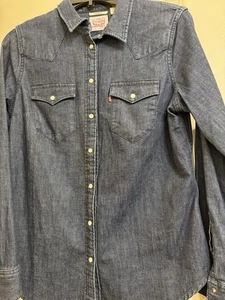 Levis Western Denim Shirt Pearl Snap Slim Fit Long Sleeve Blue Mens Medium - Picture 1 of 8