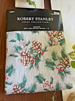Robert Stanley Christmas Holiday Tablecloth 60 x 120 Pine Cone Holly Berry NEW - Image 1 of 4