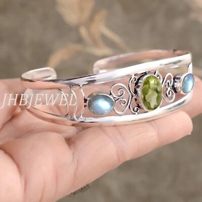 Labradorite & Peridot Cut Gemstone 925 Sterling Silver Bangle Cuff For Mother - Image 1 of 4