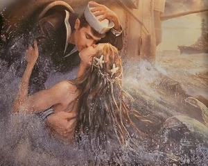 IMPRESIÓN ARTÍSTICA DE SIRENA, marinero besando una sirena obra de arte mágica del océano Med.  16 X 12" - Imagen 1 de 1