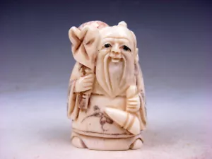 Japanische detaillierte handgeschnitzte Netsuke Skulptur alter Mann Tasche & Kürbis #08182206 - Bild 1 von 6