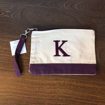 “K” Letter Monogrammed Canvas Wristlet Makeup Bag - 9”x6.5” - Purple - Image 1 of 2