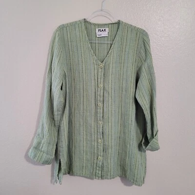 亚麻衬衫女式 S 绿色条纹 V 领纽扣前 Lagenlook 夹克海滩 — 第 1/4 张图片