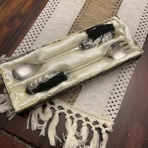 Mud Pie Black Toile Serving Utensils With Beaded Tassels Original Box - Picture 1 of 7