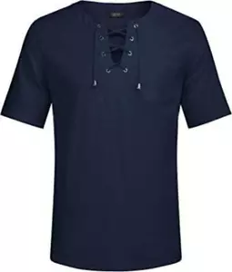 Men Casual Cotton Linen T Shirt Short Sleeve Beach Lace Up Hippie Shirt SMALL - Picture 1 of 7