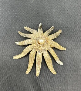 Vintage Marcel Boucher Signed Gold Tone Sunburst Flower with Pearl Brooch - Picture 1 of 4