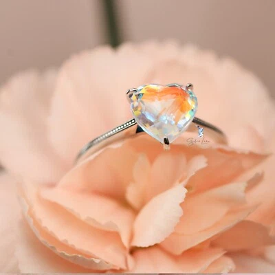 925 sterling silver rainbow heart gemstone ring, Valentine heart silver ring - Image 1 of 4