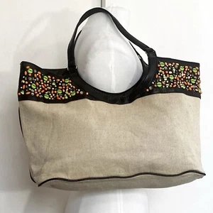 Avon Linen Blend Beaded Tan Large Tote Bag - Picture 1 of 9